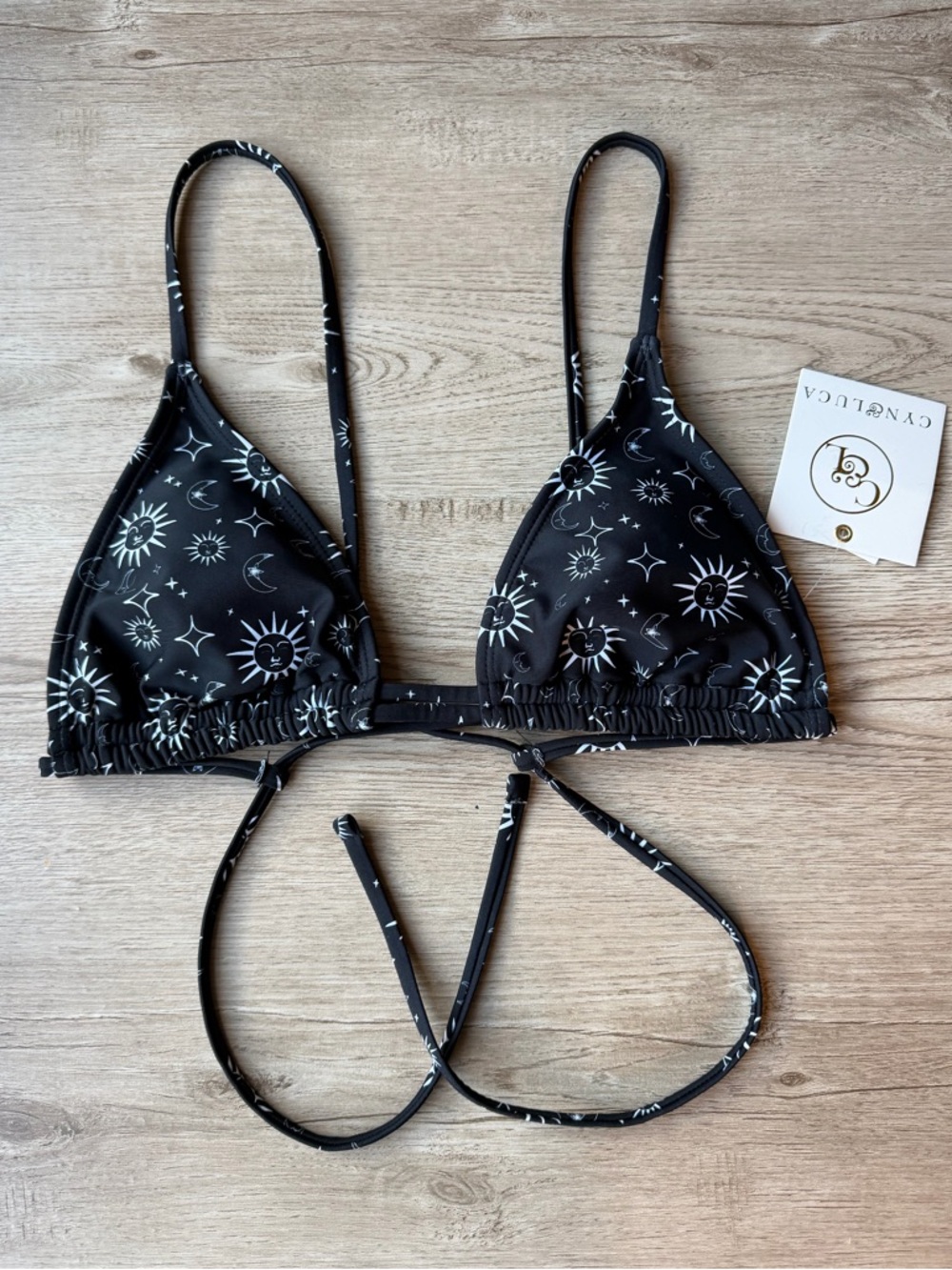 Cyn & Luca Celestial Bikini Top Small Black Star Moon Triangle Tie Back NWT
